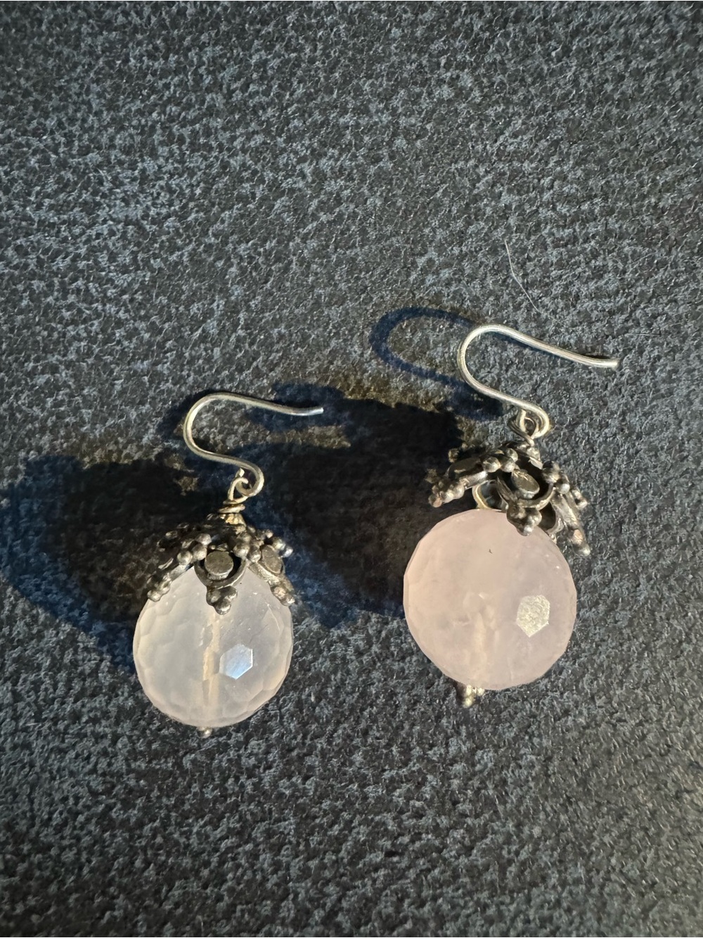 Sterling silver Rose Quartz Drop Earrings with Ornate Silver Caps